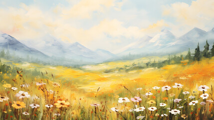 Canvas Print - Art oil painting with meadow mountain flowers in spring