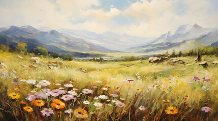 Wall Mural - Art oil painting with meadow mountain flowers in spring