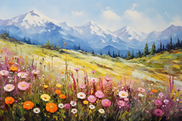 Wall Mural - Art oil painting with meadow mountain flowers in spring