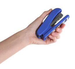 Wall Mural - Woman holding blue stapler on white background, closeup