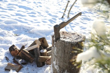 Wall Mural - Metal axe in wooden log outdoors on sunny winter day