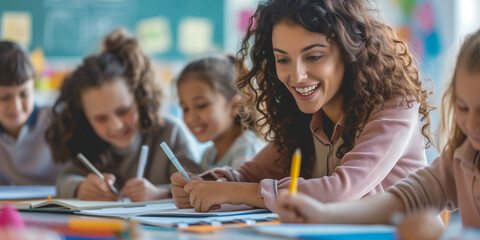 Sticker - Young teacher with her student drawing or writing and kids around her in the classroom