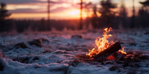 Poster - Bonfire in the winter forest. Burning bonfire in the winter forest.