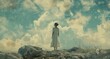 A Lone Figure Stands Amidst Ethereal Clouds, Blending Dreams with Reality on a Mystic Mountain Top - Solitary Contemplation Artwork 