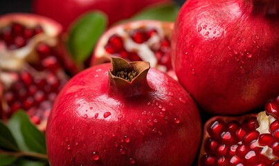 Wall Mural - Ripe pomegranates with green leaves. Food background.