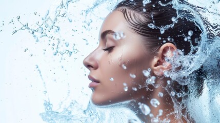 face of a calm woman with water splashing around her harmoniously. female face with freshness, hydra