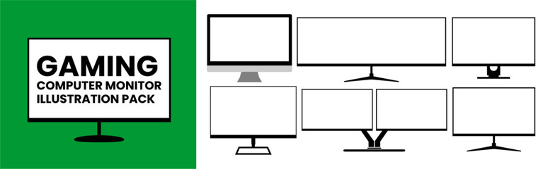 gaming computer monitor illustration pack. Simple Gaming Monitor computer Monitor Mockup, computer monitor frame icon presented on white background.