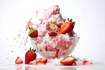 Wall Mural - Fresh strawberry Bingsu ice cream with sweet toppings whipped cream korean shaved ice dessert white background for advertisement