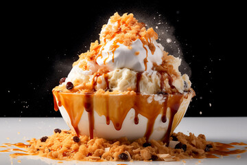 Wall Mural - Thai tea Bingsu ice cream with sweet toppings whipped cream, caramel and dried fruits korean shaved ice dessert black background