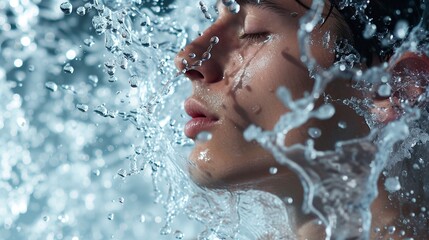 Face of a calm man with water splashing around him harmoniously. Male face with freshness, hydration and natural beauty of skin care.