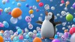 A clumsy penguin juggling a bunch of colorful jellybeans trying hard not to let any of them slip and fall into the frigid water.