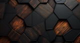 Fototapeta  - background image of a textured wall with wooden geometric polygonal shapes protruding out in a 3d high-end wall art installation