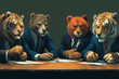 In a surreal twist, four animals, each adorned in tailored suits, gather around a table, engaging in a serious meeting, discussing matters of utmost importance in the animal kingdom