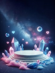 white marble podium, and crystal, milky way, magical background, ai generated