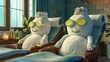 Cartoon scene of towels lounging on reclining chairs one with cucumber slices on its eyes and another with a tiny towel on its head imitating a spa guest.