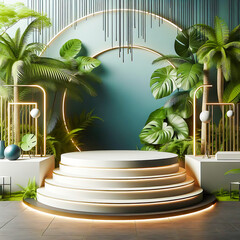 Modern podium for product design against the backdrop of a tropical forest for stylish mock up