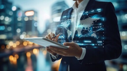 Aufkleber - Businessman holding smart tablet screen in hands analyzing the world economy stock market. Generative AI.