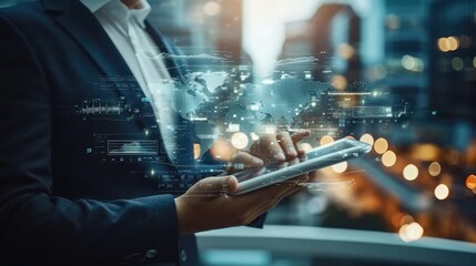 Aufkleber - Businessman holding smart tablet screen in hands analyzing the world economy stock market. Generative AI.