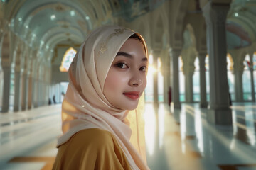 Generative AI Image of Beautiful Asian Muslim Girl Wearing Hijab in a Mosque