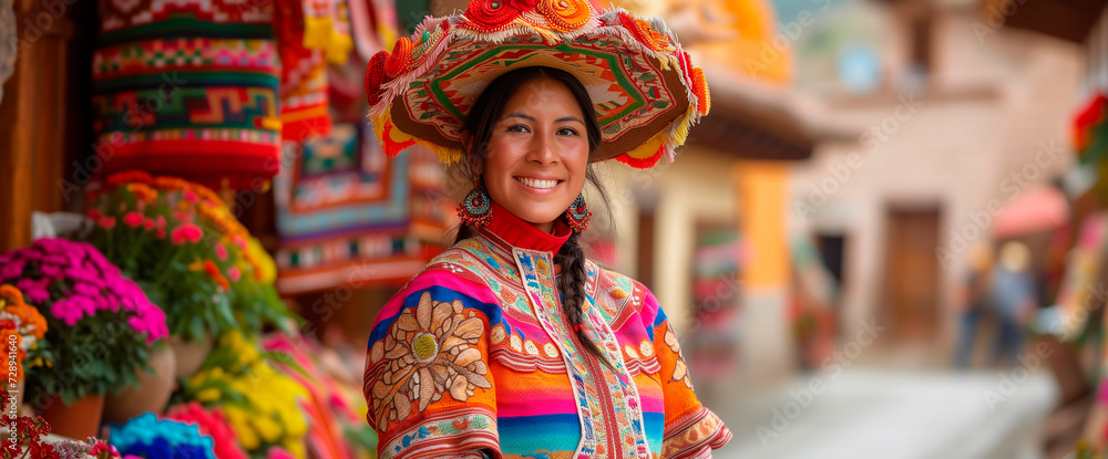 Beautiful Peruvian woman dressed in her typical costume smiles looking ...