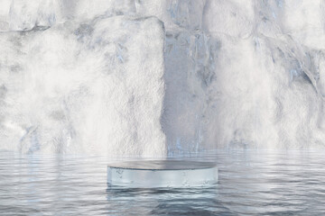 Wall Mural - abstact 3d render winter scene and natural background, ice podium floats on the water surface, backd