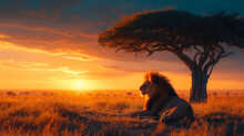 A Majestic Lion Resting Under The Shade Of An Acacia Tree In The African Savannah At Sunrise
