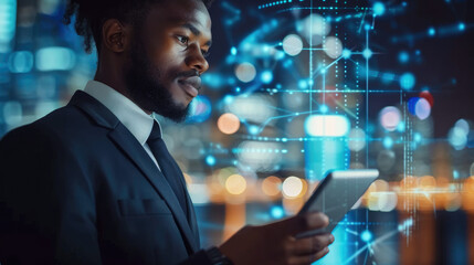 Leinwandbilder - Black businessman holding smart tablet screen in hands analyzing the world economy stock market. Generative AI.