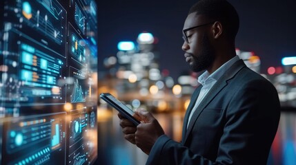 Leinwandbilder - Black businessman holding smart tablet screen in hands analyzing the world economy stock market. Generative AI.