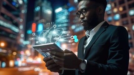 Poster - African American businessman holding smart tablet screen in hands analyzing the world economy stock market. Generative AI.