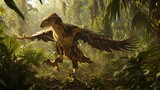 Fototapeta  - One raptor takes the lead its head held high as it leads the pack through the dense jungle foliage its eyes scanning for any signs of movement from their target.