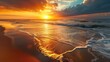 Golden hues of sunset embrace a tranquil beach, where water meets sand, Ai Generated