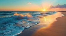 Sunset Paints A Tranquil Beach With Golden Sands Kissed By Gentle Waves, Ai Generated