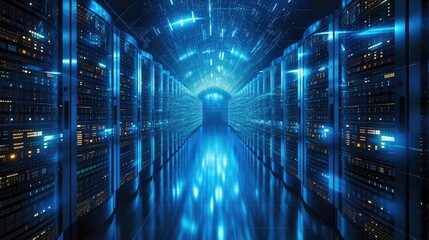 Leinwandbilder - Abstract concept of blue tunnel with computer number matrix code. big data information internet storage connection server in a tech company. Generative AI.