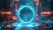 © Jennifer - Podium light hologram tech technology background portal circle cyberpunk effect digital. Game element podium hologram light blue hud vector 3d future futuristic data concept neon vr fi abstract cyber