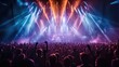 © visoot - Live, rock concert, party, festival night club crowd cheering, stage lights, A huge crowd of people dancing at a music concert with epic lights at the arena stadium. Generative AI.