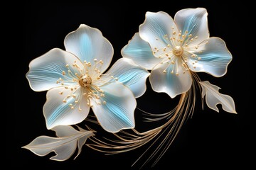 This photo features two white flowers against a black background.