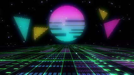 Wall Mural - retro sci-fi background futuristic grid landscape of the 80`s. digital cyber surface. suitable for d