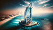 Burj Al Arab Jumeirah in Dubai, showcasing the hotel's distinctive sail-shaped silhouette against the backdrop of the azure Arabian Gulf, embodying the pinnacle of luxury and architectural innovation