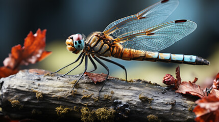 Wall Mural - A dragonfly's intricate wings are highlighted against the vibrant hues of a summer garden