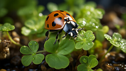 Wall Mural - A ladybug rests on a bed of clover, illustrating the symbiotic relationship between insects and plants