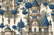 Toile de Jouy, pattern, vintage, old, blue, beige, retro, castle, church