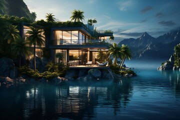 Wall Mural - A modern lakeside villa with beautiful glass architecture