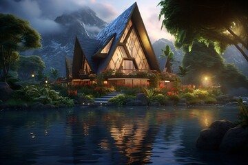 Wall Mural - A modern lakeside villa with beautiful glass architecture