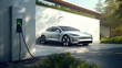 Generic electric vehicle EV hybrid car is being charged from wall charger on contemporary modern residential building house