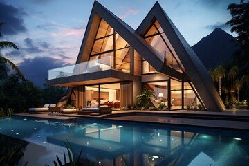 Wall Mural - A modern lakeside villa with beautiful glass architecture