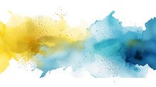 Terweaving Abstract Blocks In Hues Of Blue And Yellow Created With Watercolors. Splatter And Spray. Isolated On Transparent Background. For Poster, Wall Art, Banner, Card,  Book Cover Or Packaging.
