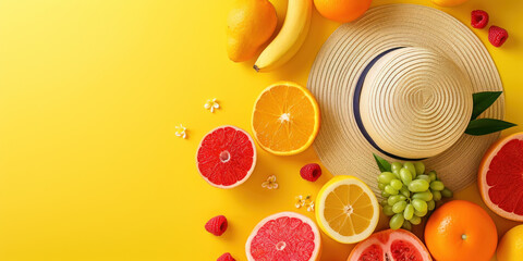 Wall Mural - Top view hats with fruit and flowers on yellow background, Flat lay Minimal fashion summer holiday vacation concept