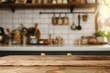 Blurred kitchen interior serving as a background With a wooden table in the foreground providing a perfect setup for product display