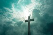 Holy cross symbolizing the death and resurrection of jesus christ Set against a sky shrouded in light and clouds Conveying an apocalyptic and spiritual concept