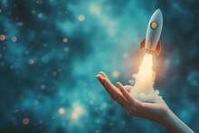 Space rocket launching from a woman's hand Soaring against a blue blurry background Symbolizing empowerment Innovation And the pursuit of dreams